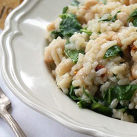 White Bean Risotto with Sundried Tomatoes, Spinach and Parmesan