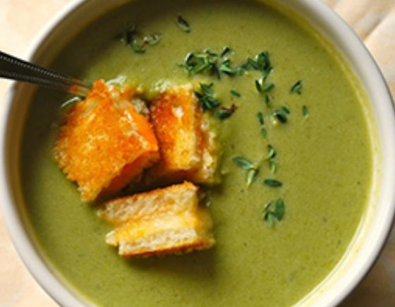 Creamy Asparagus Soup with Grilled Cheese Croutons