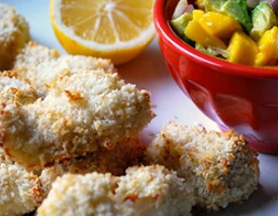 Yogurt-Marinated Fish Sticks with Avocado Mango Salsa