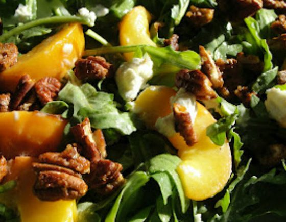 Summer Salad with Grilled Peaches and Candied Pecans