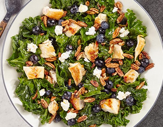 Kale Chicken Salad with Blueberries, Pecans and Goat Cheese