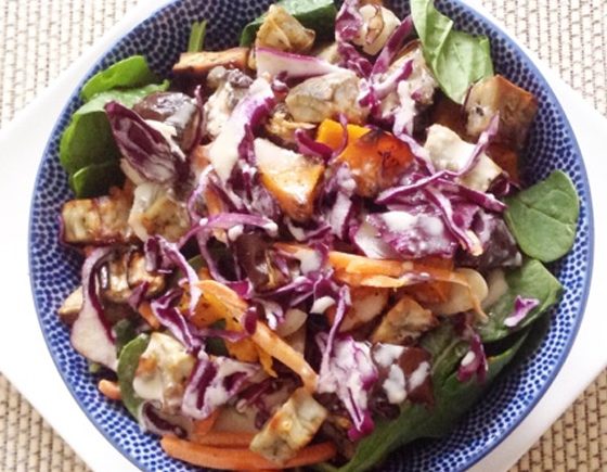 Roasted Vegetable and Spinach Salad With Tahini Dressing