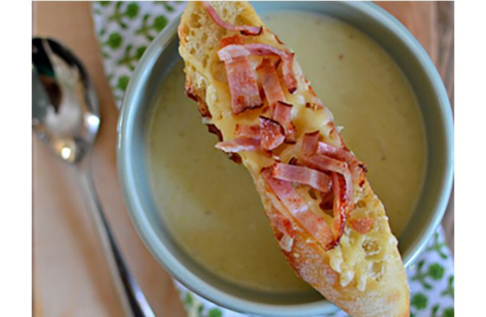 Potato Leek Soup with Cheddar Bacon Toasties