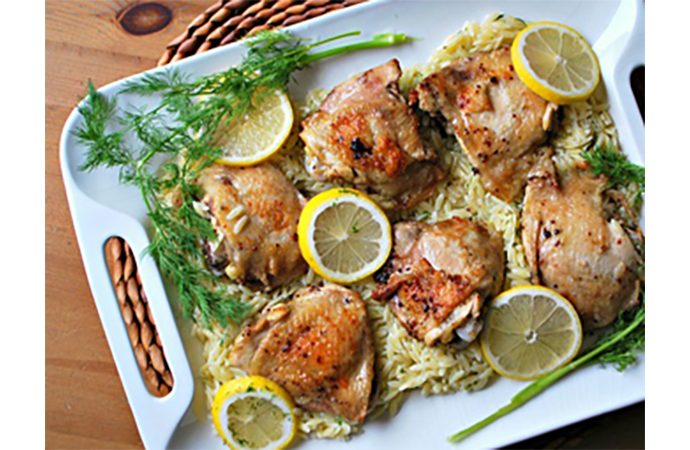 Lemon Roasted Chicken Thighs with Dilled Orzo