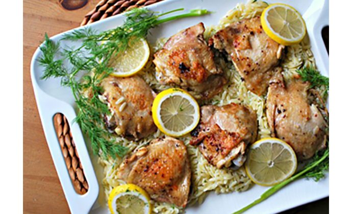 Lemon Roasted Chicken Thighs with Dilled Orzo