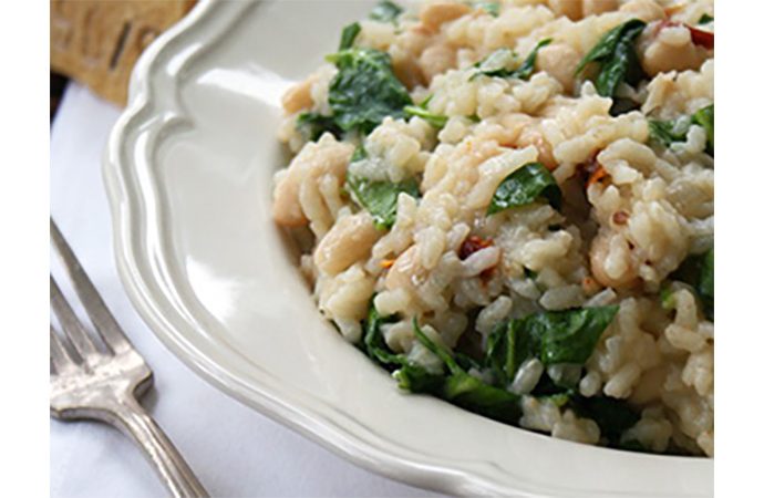 White Bean Risotto with Sun-Dried Tomatoes, Spinach & Parmesan